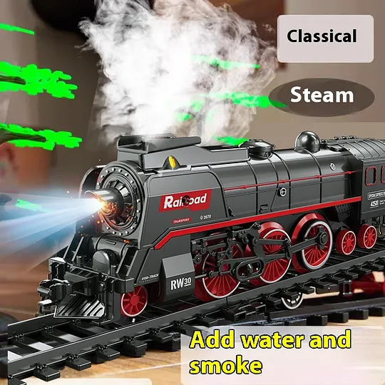 Ensemble de Train Locomotive à Vapeur en Alliage Métallique Électrique avec Voitures Lumineuses & Sonores, Rechargeable Cadeau de Noël