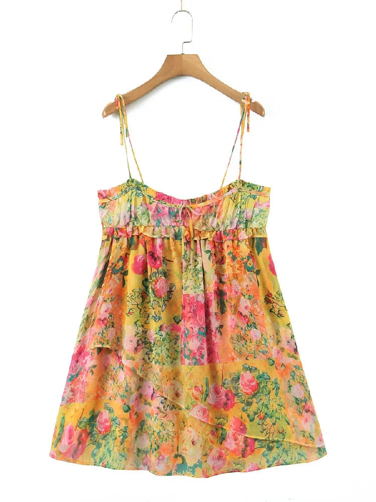 Toloer Printed Strap Tie-Up Slip Mini Dress-Outfit Ideas