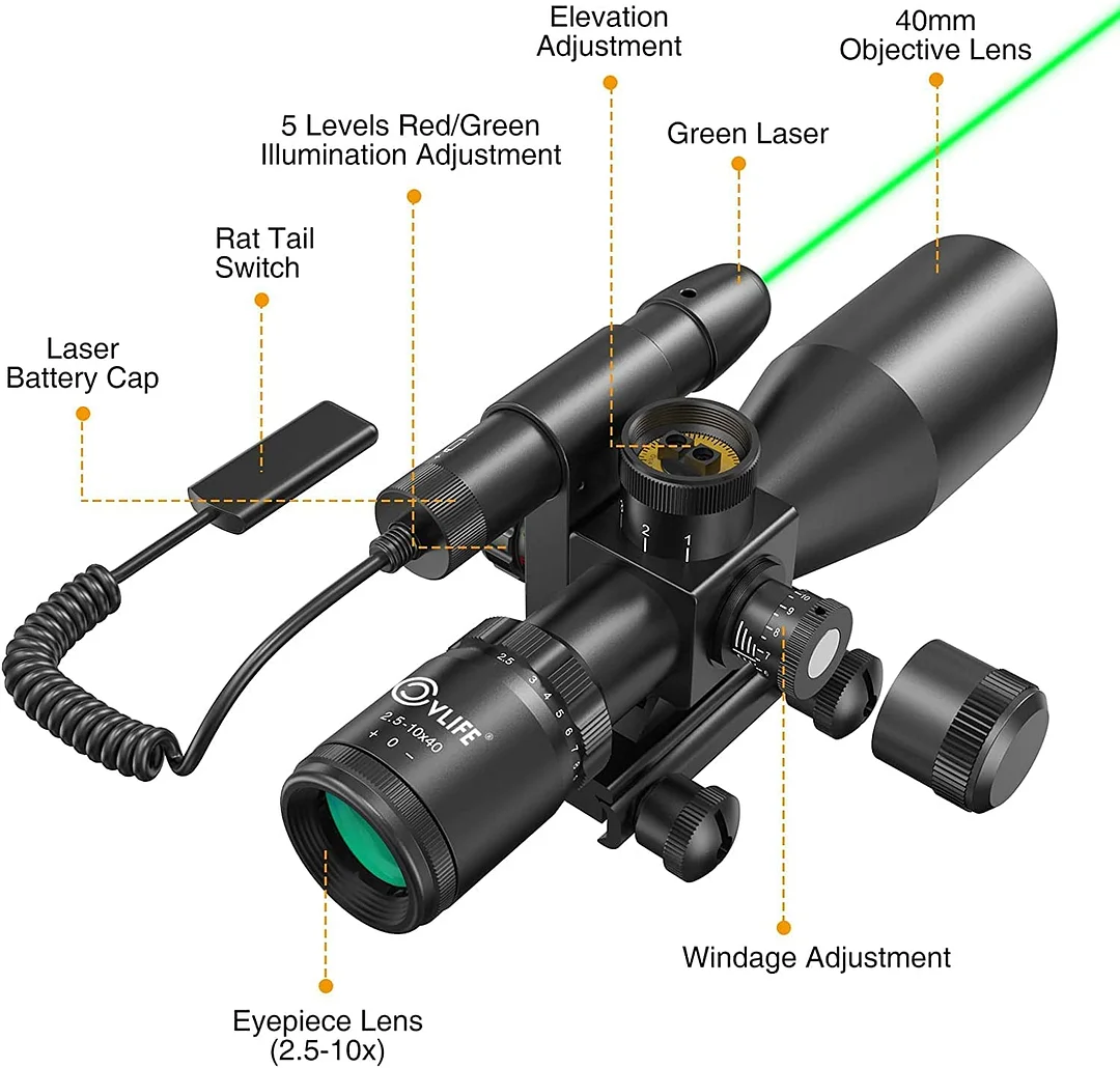 ohhunt® 2.5-10x40e Red & Green Illuminated Rifle Scope Mil-dot Gun Scope Green Laser Combo with Pressure Switch