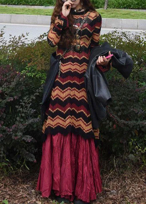 Women Striped Knit Dress And Skirts Cotton Knit Sets 2 Pieces Fall