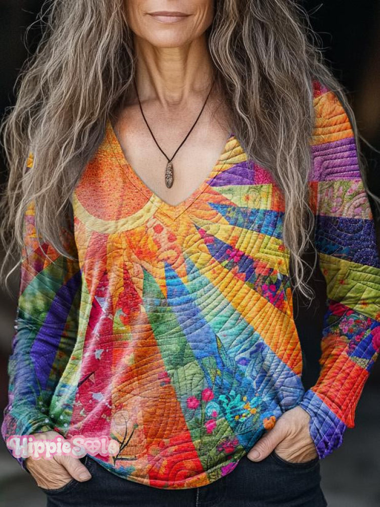 Women’s Colorful Sunshine & Flowers Sea Print Casual V-Neck Long Sleeve T-Shirt Multicolor / S