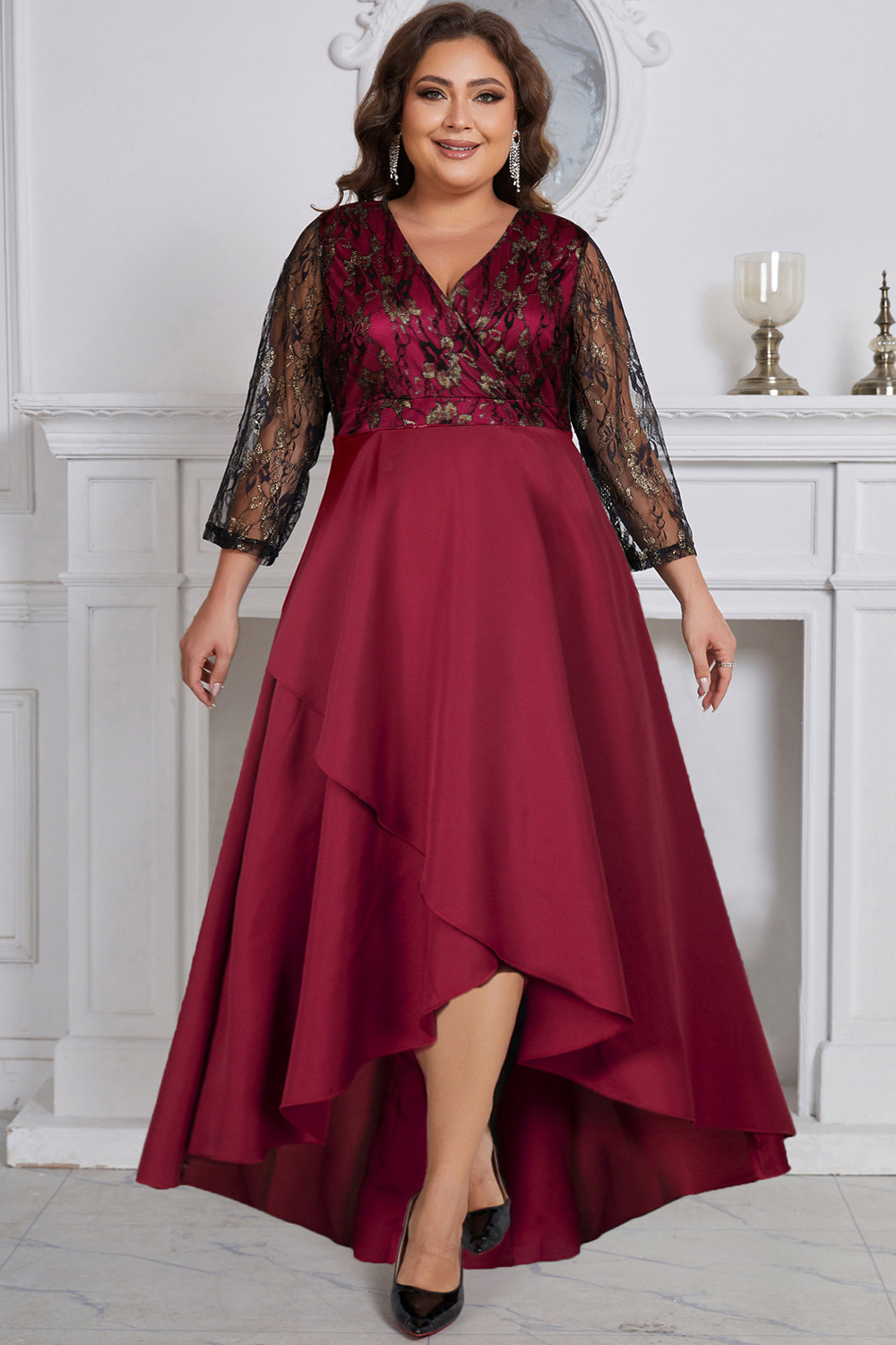 Plus Size Mother Of The Bride Burgundy Mesh Lace Wrap 3/4 Sleeve High Low Hem Maxi Dress