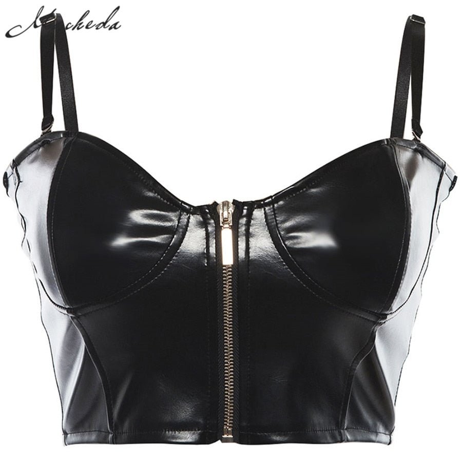 Macheda Black PU Leather Zipper Camis Top 2019 Women Slim Cropped Top Fashion Sleeveless Party Sexy Camisole New Arrival