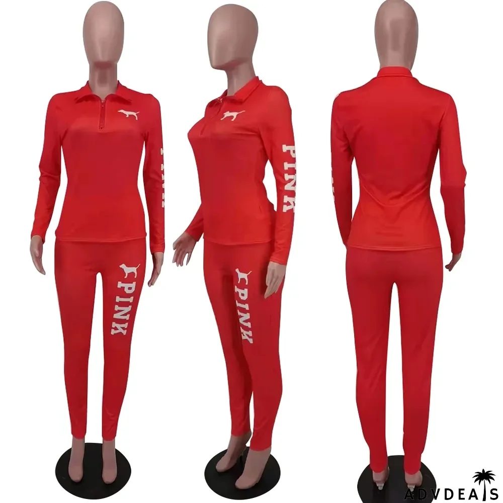 Pink Letter Print Long Sleeve Two Piece Sets