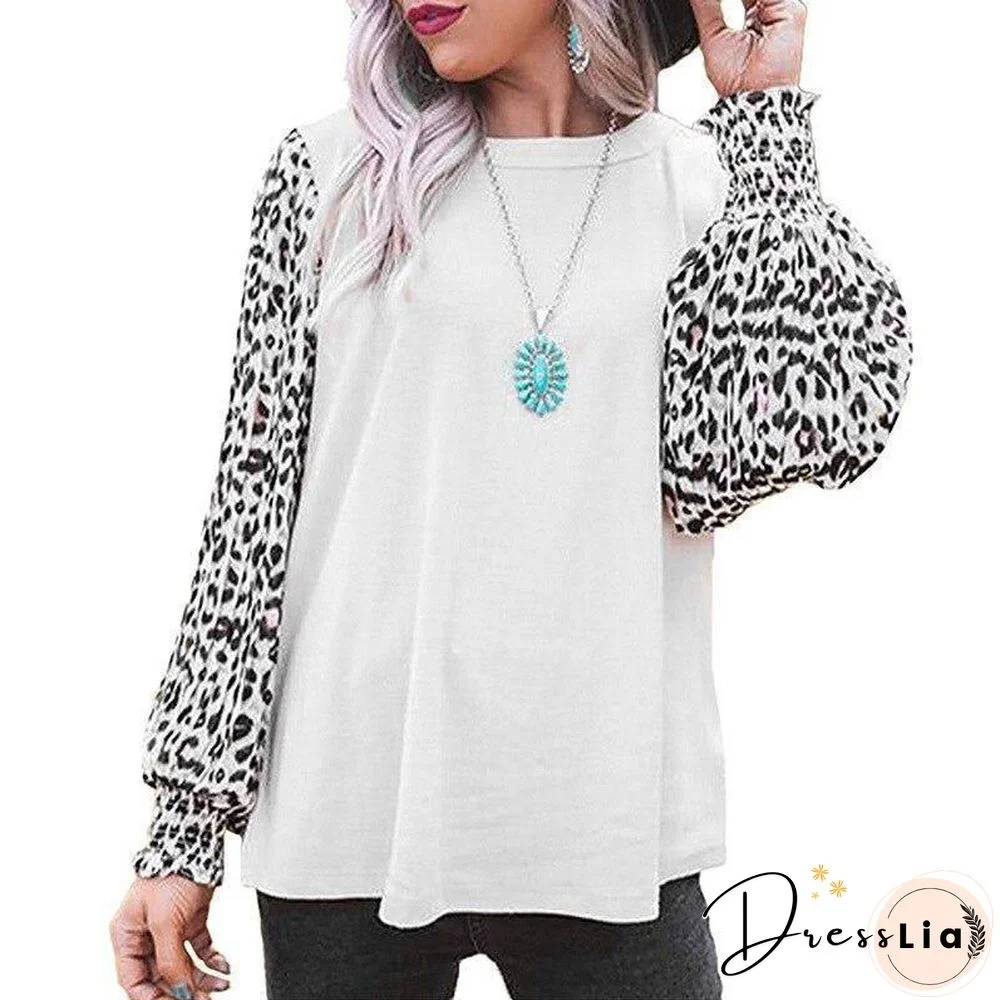 New Spring Autumn Women Tshirts Leopard Printing Lantern Sleeve Loose Stitching color Tops Fall Womens Clothing Fashion