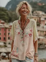 Women's Vintage Floral Art V Neck Comfy T-shirt