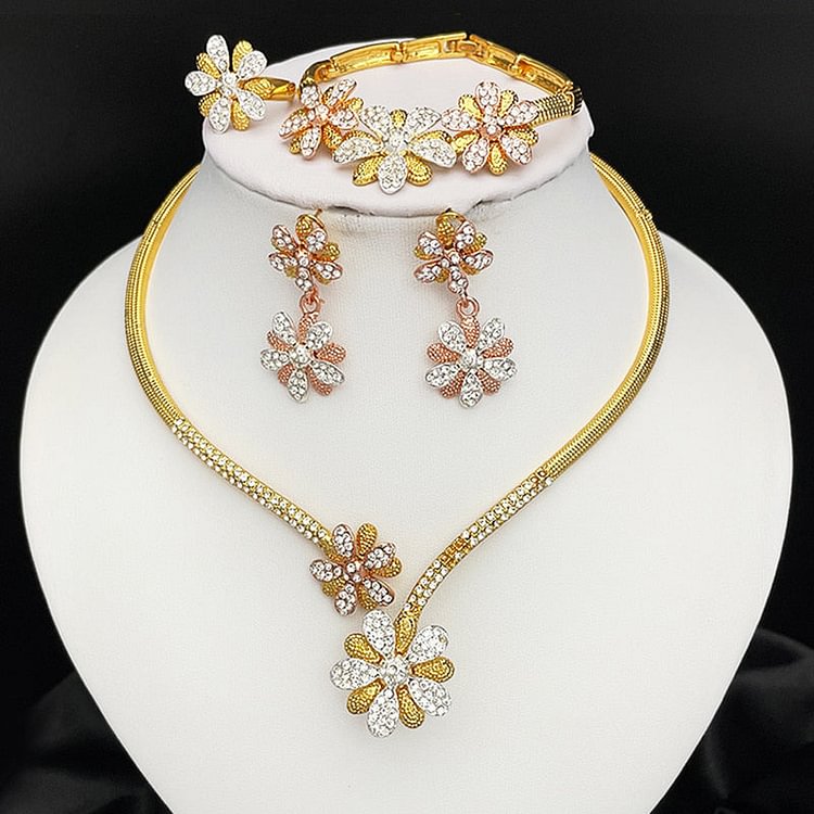 Gold Plated Jewelry Set Fashion Flower Shape Jewelry Necklace Earrings For Wedding Party