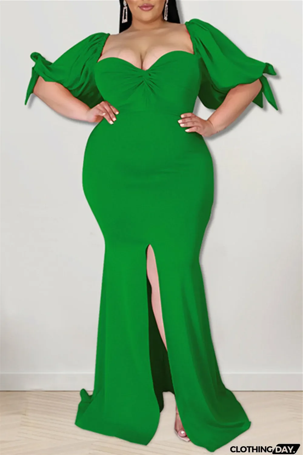 Yellow Fashion Sexy Plus Size Solid Backless Slit Square Collar Evening Dress