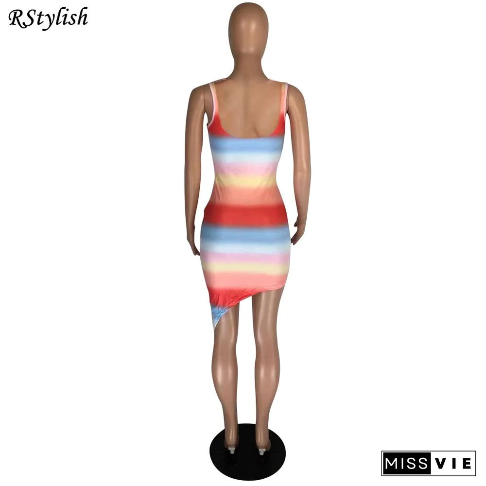 Women Vintage Rainbow Stripe Print Sleeveless Mini Dress