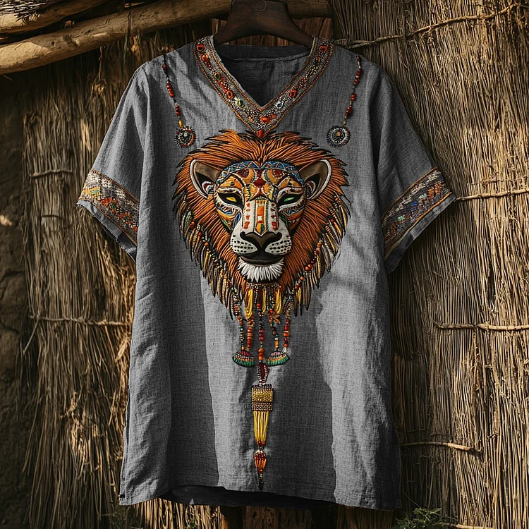 Men's African Lion Mask Art Cotton And Linen V-neck T-shirt