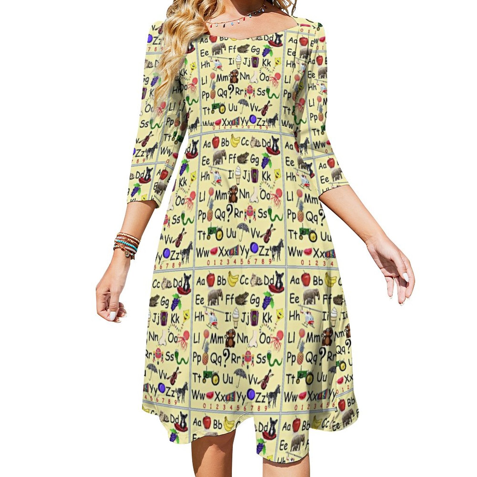 Abc 123 Alphabet Number Preschool Teacher Dress Sweetheart Tie Back Flared 3/4 Sleeve Midi Dresses