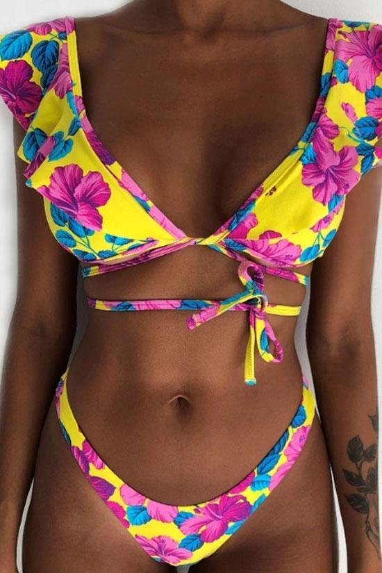 Multi Way Boho Floral Ruffle Neck Bikini Swimsuit - Two Piece Set-elleschic