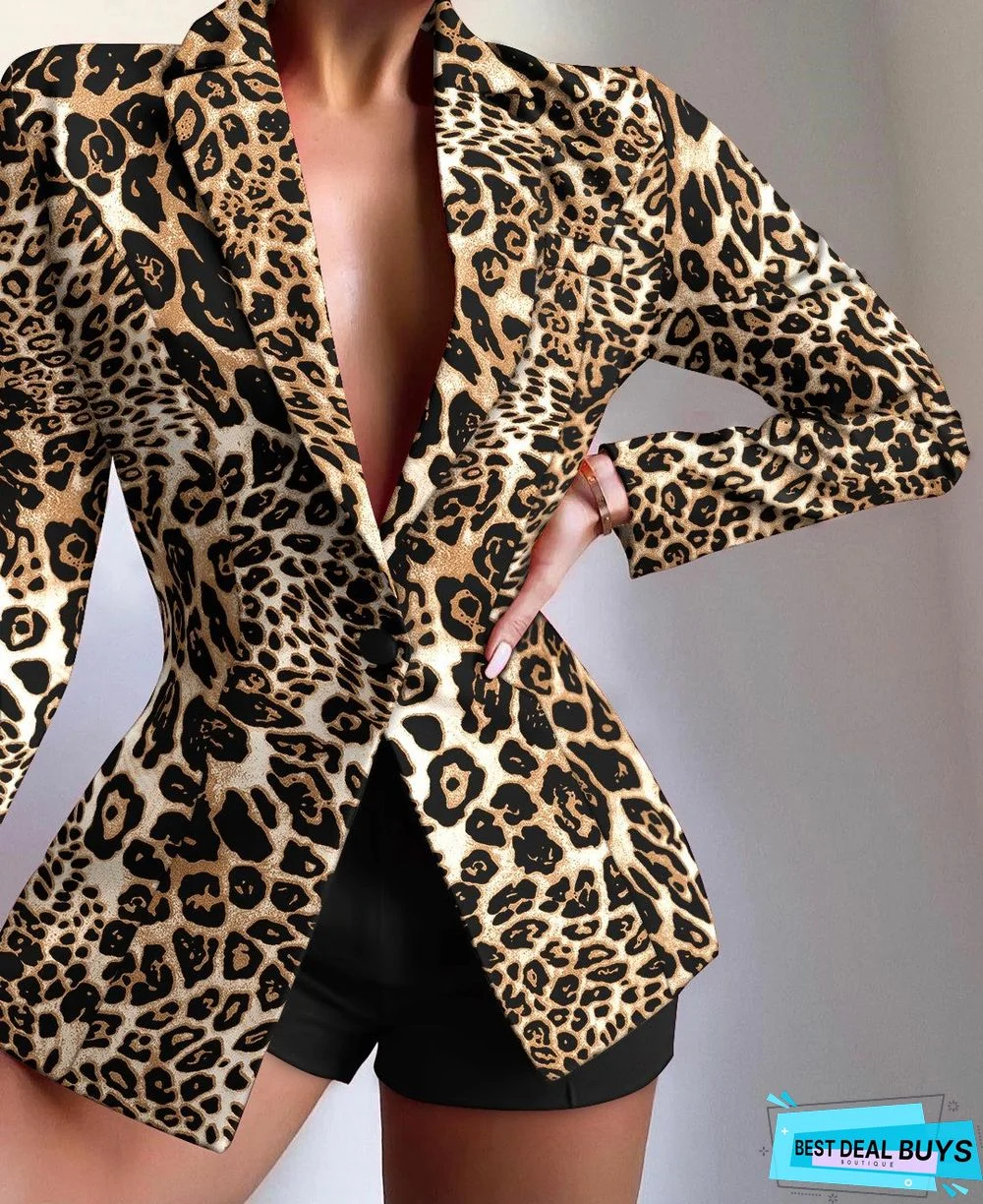 Leopard Print Lapel Collar Single Button Tailored Blazer