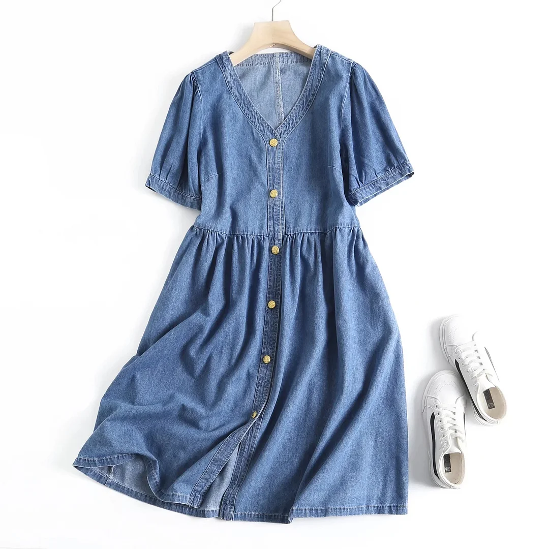 Women's Retro Summer V-Neck Short Sleeve Denim Dress