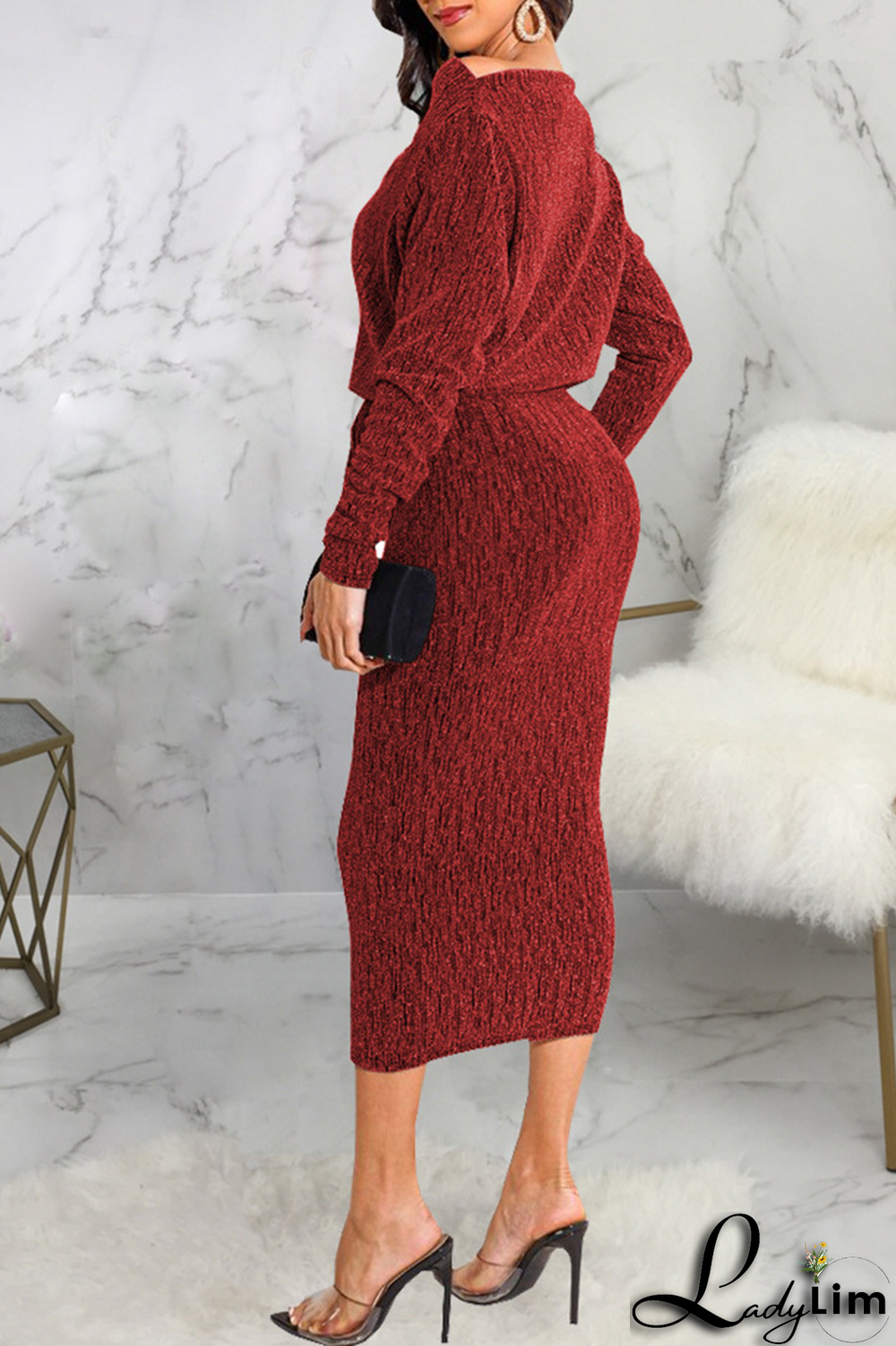 Burgundy Casual Solid Split Joint Off the Shoulder Waist Skirt Dresses