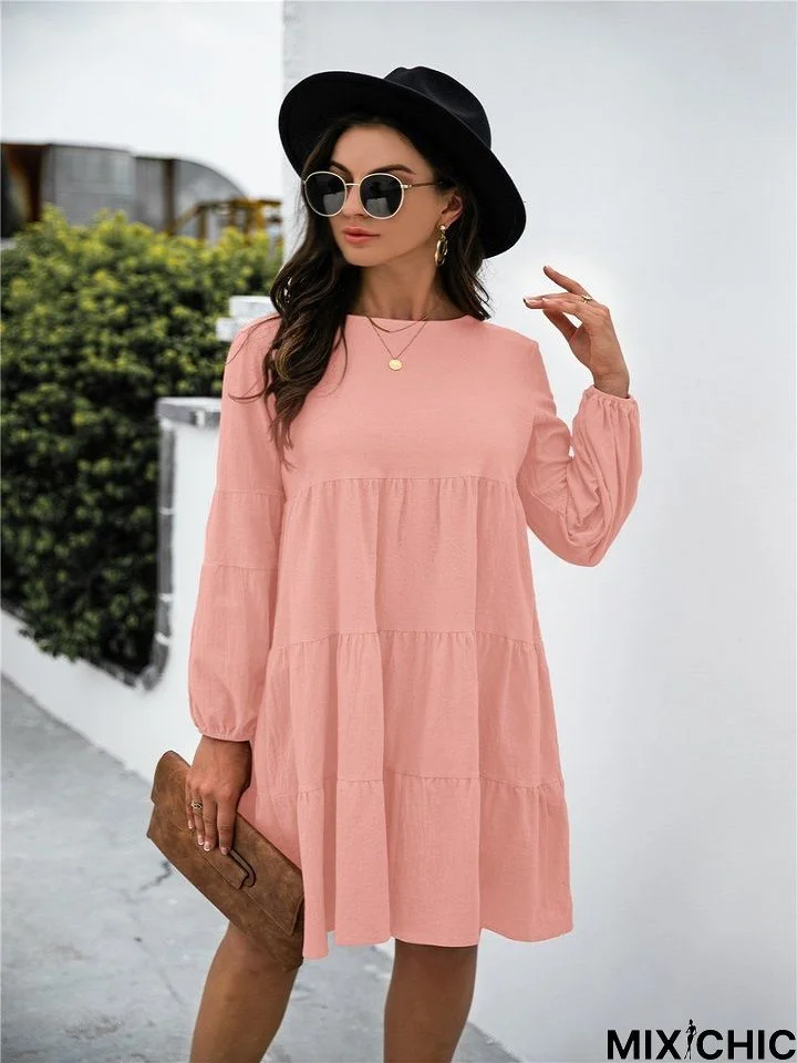 Cotton Round Neck Lantern Sleeve Dress