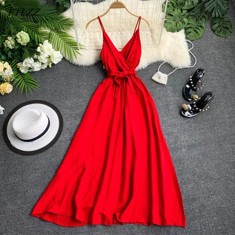 FTLZZ Maldives Holiday Dress Sexy Backless Straps V-neck Dress Women Solid Color Thai Seaside Maxi Long Big Swing Fairy Dress