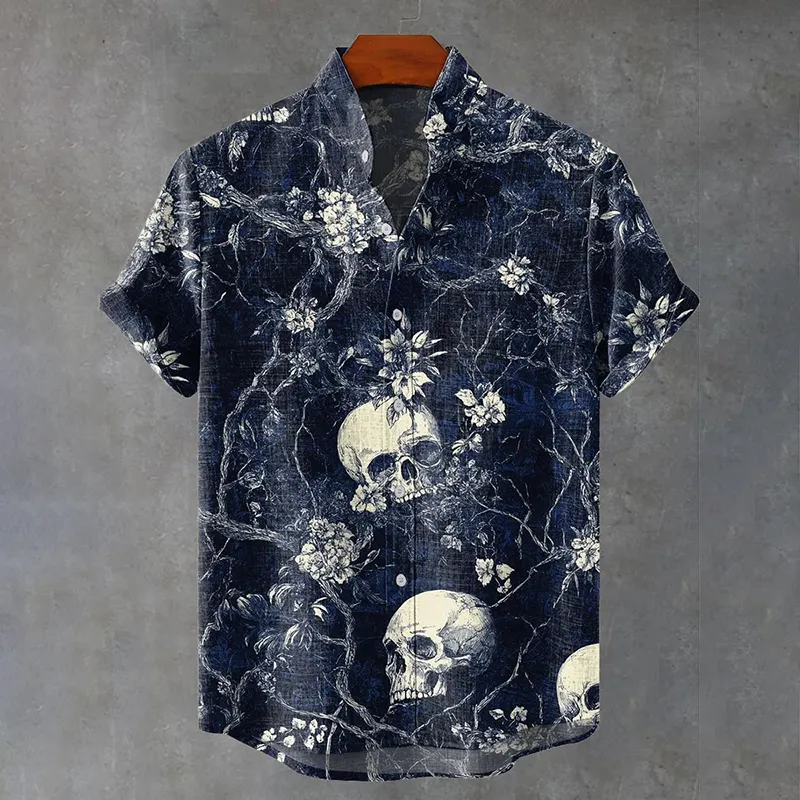 Men's Vintage Artistic Skull Flowers Comfy Linen Blend Shirt  artssus