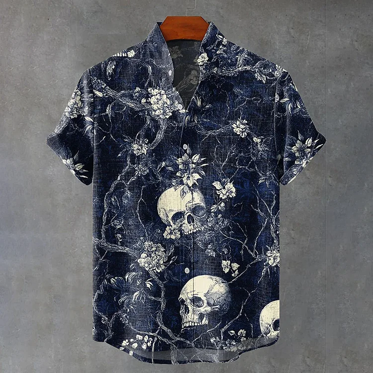 Men's Vintage Artistic Skull Flowers Comfy Linen Blend Shirt