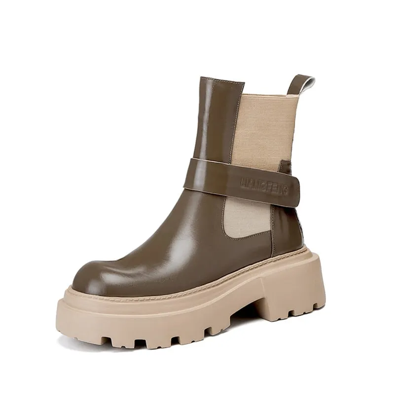 Meotina Genuine Leather Ankle Shoes Women Think Heel Short Boots Round Toe High Heel Ladies Boots 2021 Autumn Winter Khaki Black