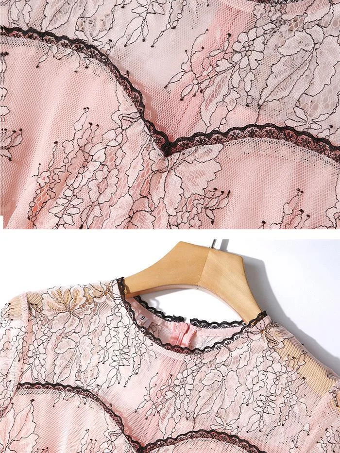 Fashion pink lace mid-length slim dress