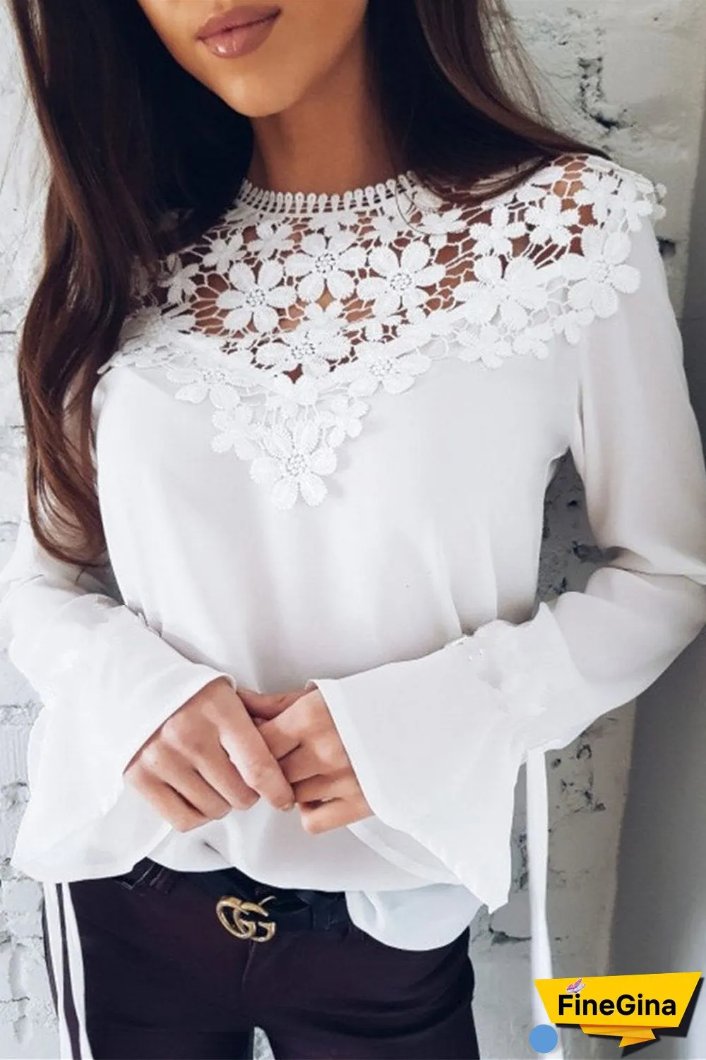 Lace Patchwork Chiffon Solid Blouse