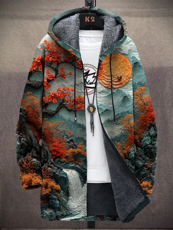 Men's Sunrise And Sunset In The Mountains Art Print Hooded Trench Coat