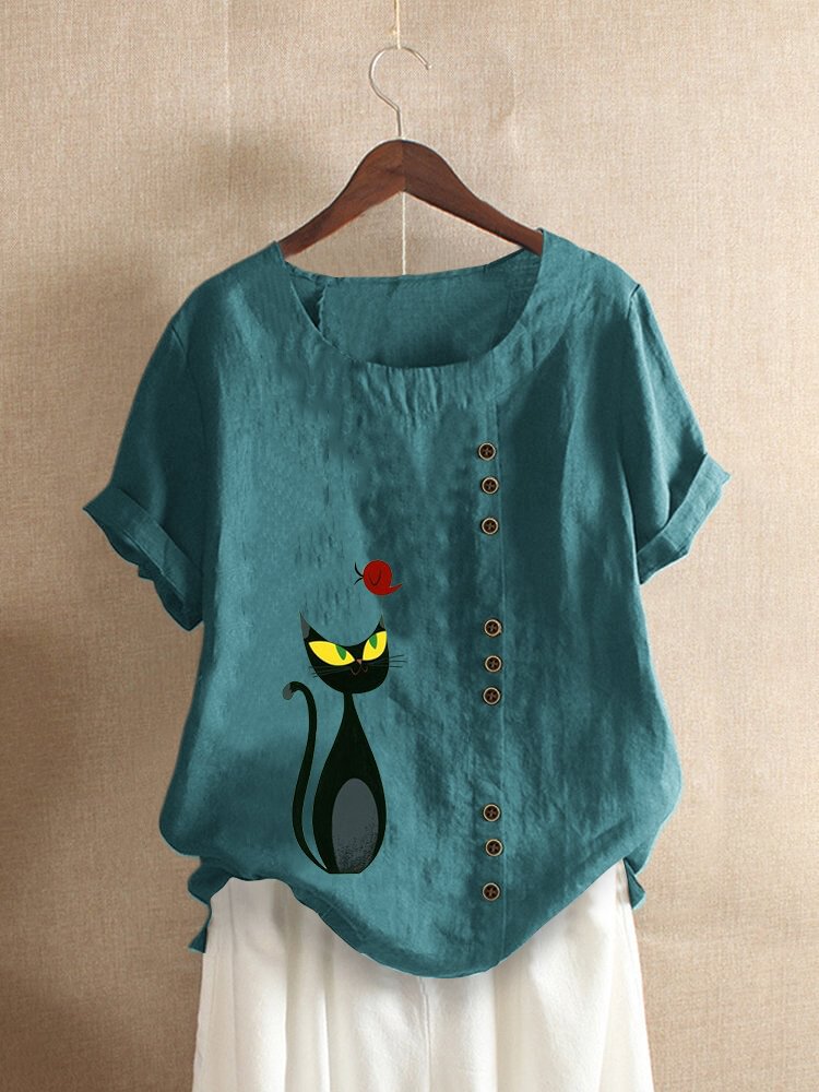 Cartoon Cat Printed Short Sleeve O Neck Overhead Button T shirt P1659477