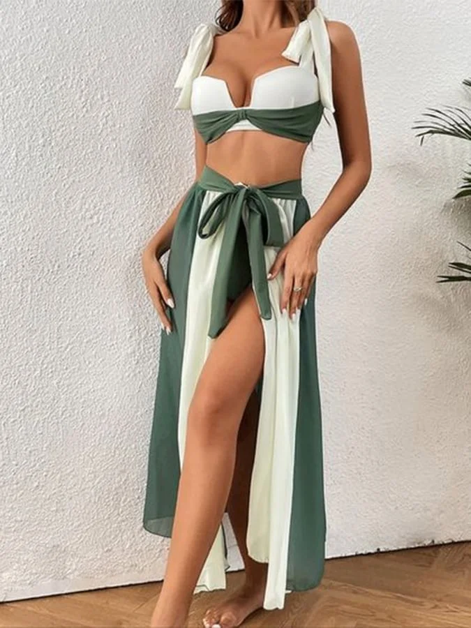 Printed Tie Up Beach Skirt Bikini Three Piece Set