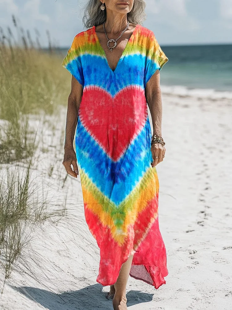 Women's Vintage Rainbow Love Hearts Art Print Pocket Cotton Dress