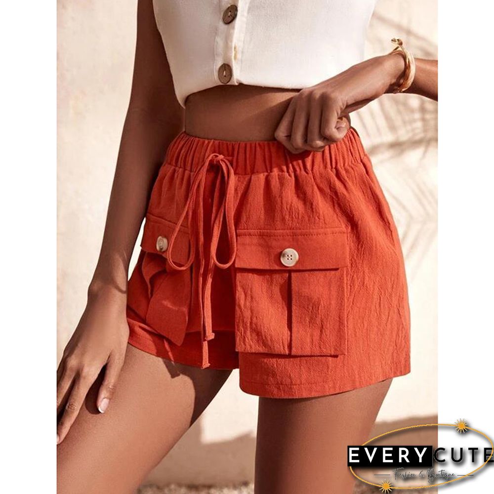 Orange Mid-waist Pocket Overall Shorts