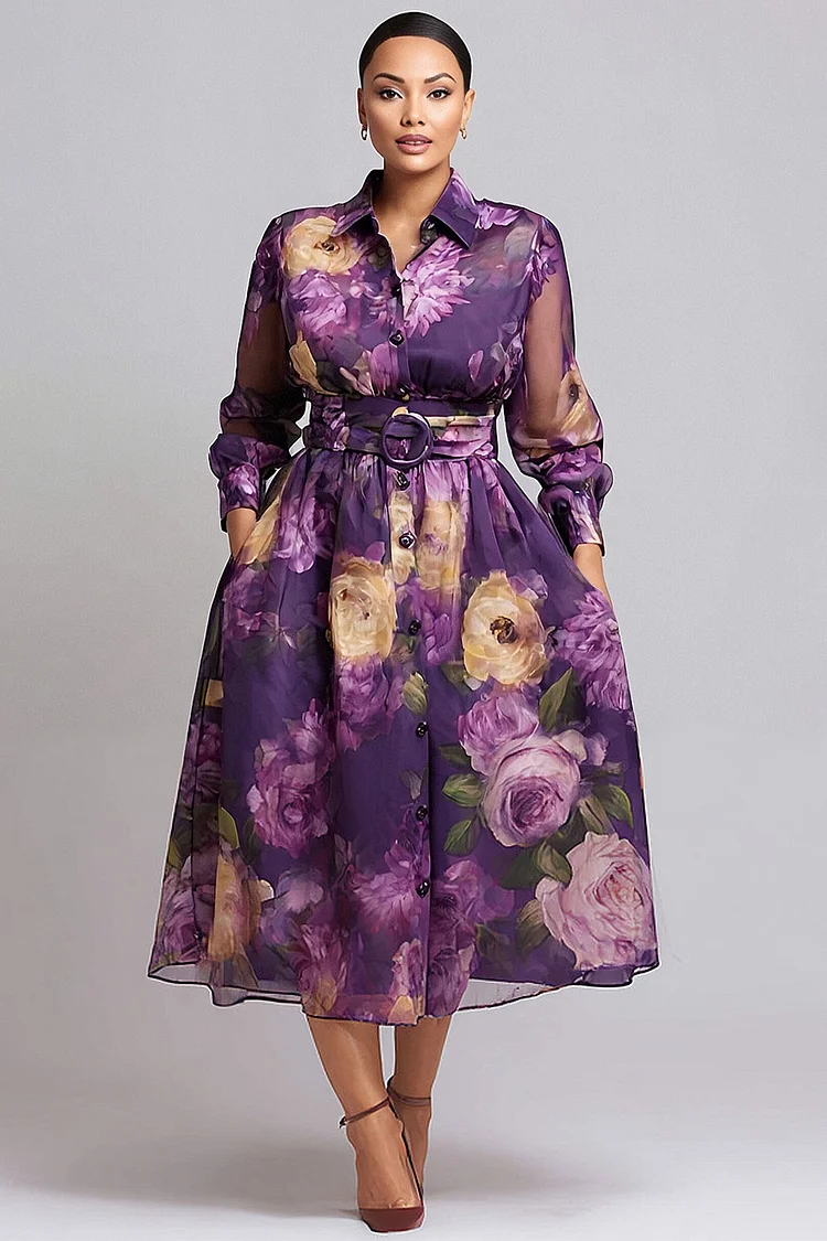 Xpluswear Design Plus Size Wedding Guest Purple Floral Shirt Collar Long Sleeve Pocket Elegant Wrap Midi Dresses [Pre-Order]