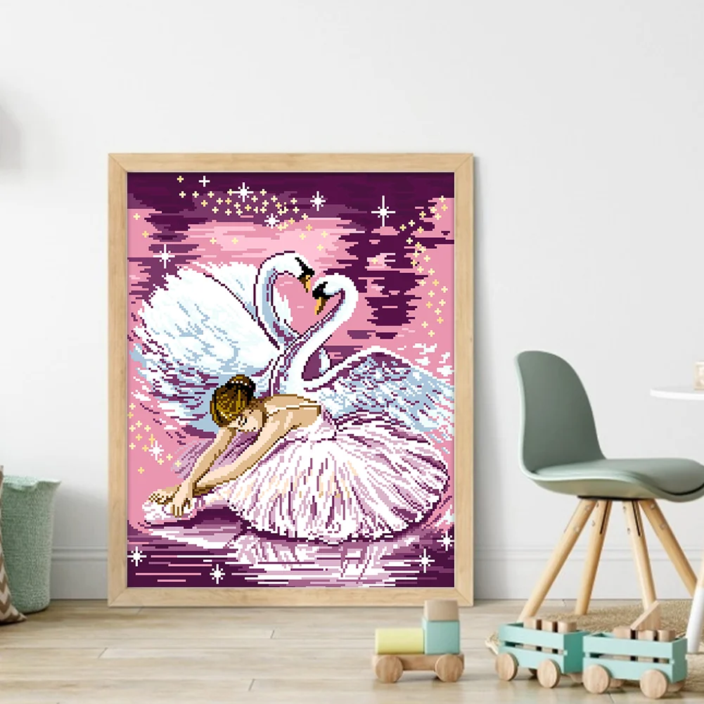 9CT Full Stamped Cross Stitch Bead Embroidery- Swan Dance(Canvas| 43*54CM)