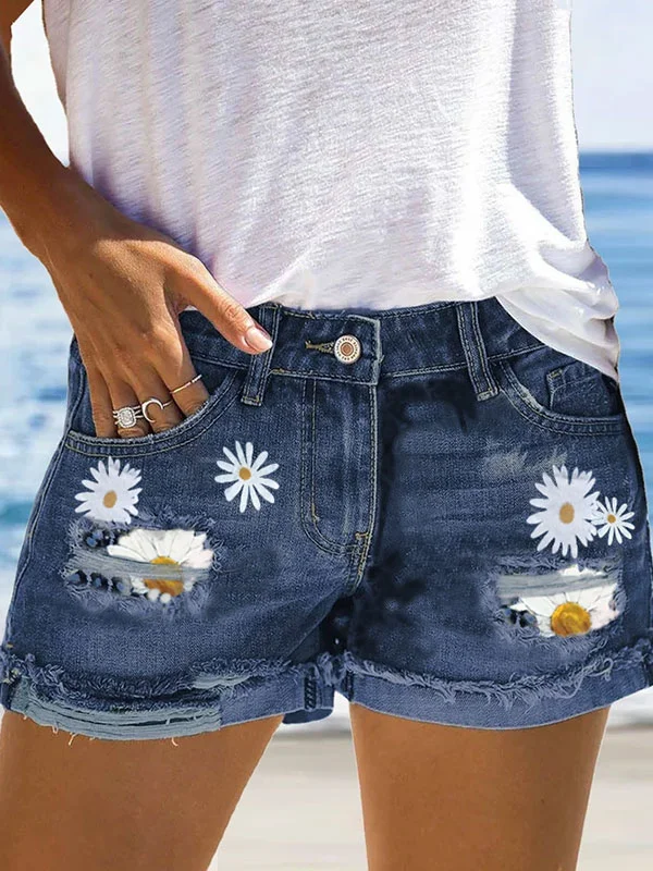 Floral Denim Short Summer Loosen Denim shorts