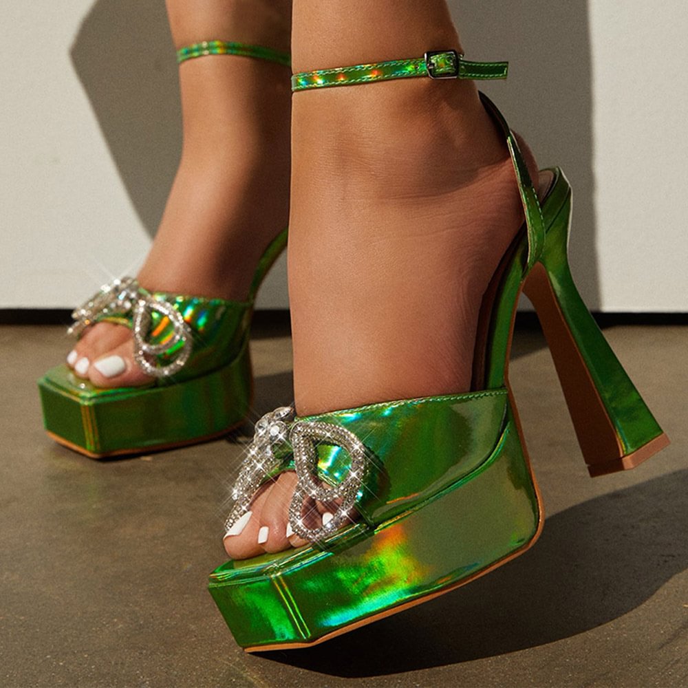 Shiny Glossy Green Platform Strappy Sandals With Rhinestone Bow Decors Nicepairs