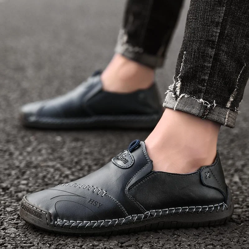 Men Hand Stitching Comfy Soft Sole Round Toe Drivng Casual Leather Loafers