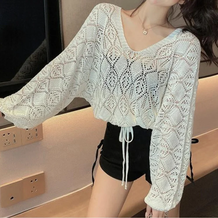 Toloer Toloer 2024 New Back Chain Jacket With Sunscreen Thin Top Hook Flower Hollow-Out Knit Sweater-Outfit Ideas