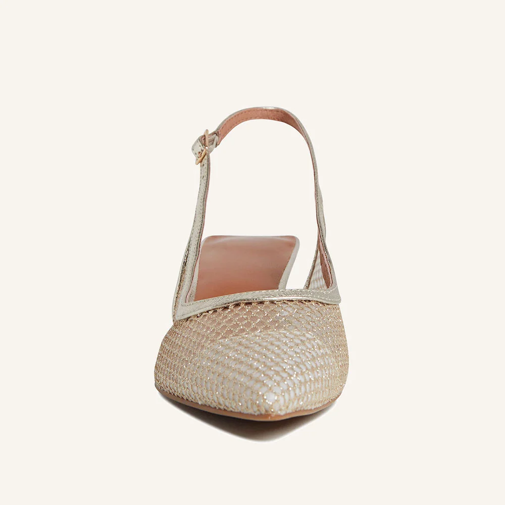 YDN Gold Glitter Mesh Pointed Toe Kitten Heel Slingback Pumps