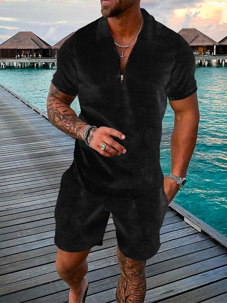 Men's Holiday Velvet Print Polo Black Suit