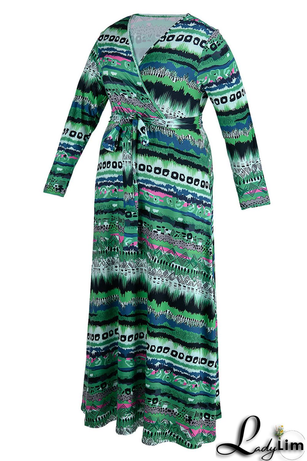 Yellow Casual Print Bandage Patchwork V Neck Long Sleeve Plus Size Dresses