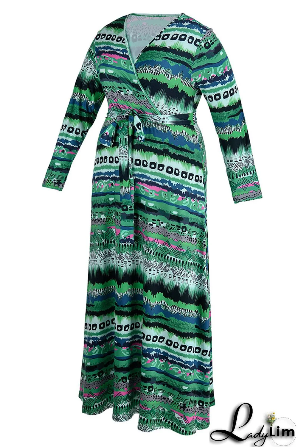 Yellow Casual Print Bandage Patchwork V Neck Long Sleeve Plus Size Dresses