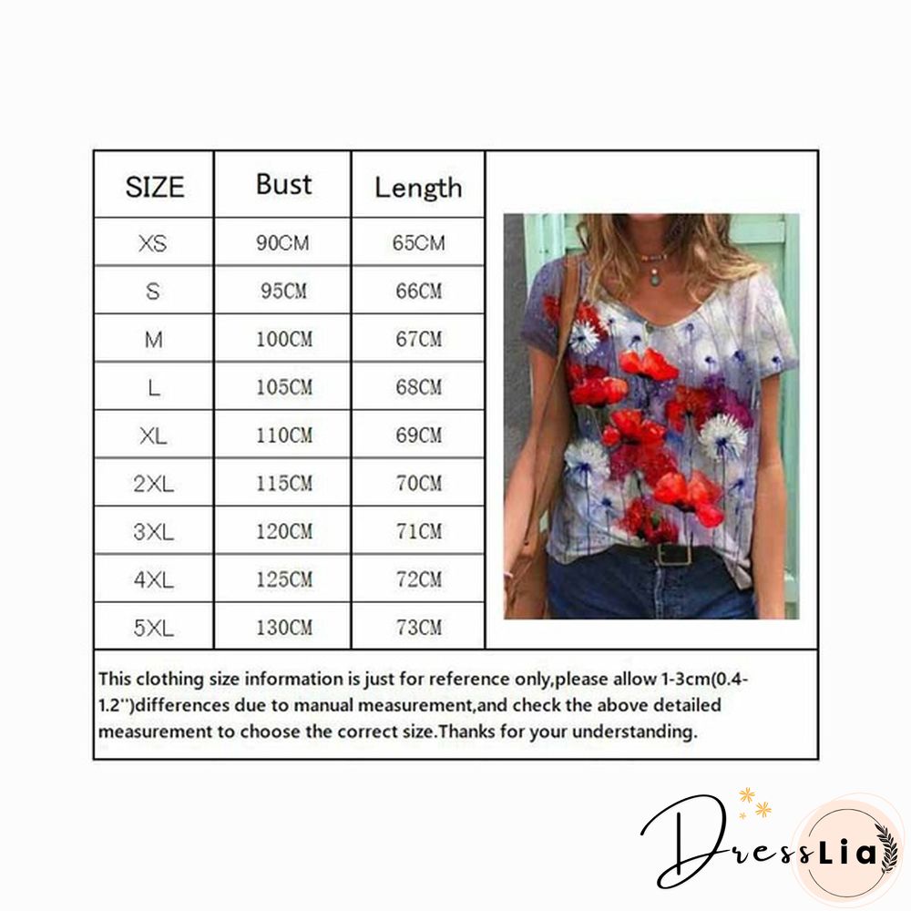 Women's V-neck Casual Color Flower Painting Short Sleeve T-shirt Loose Top Plus Size Summer Blouse XS-5XL