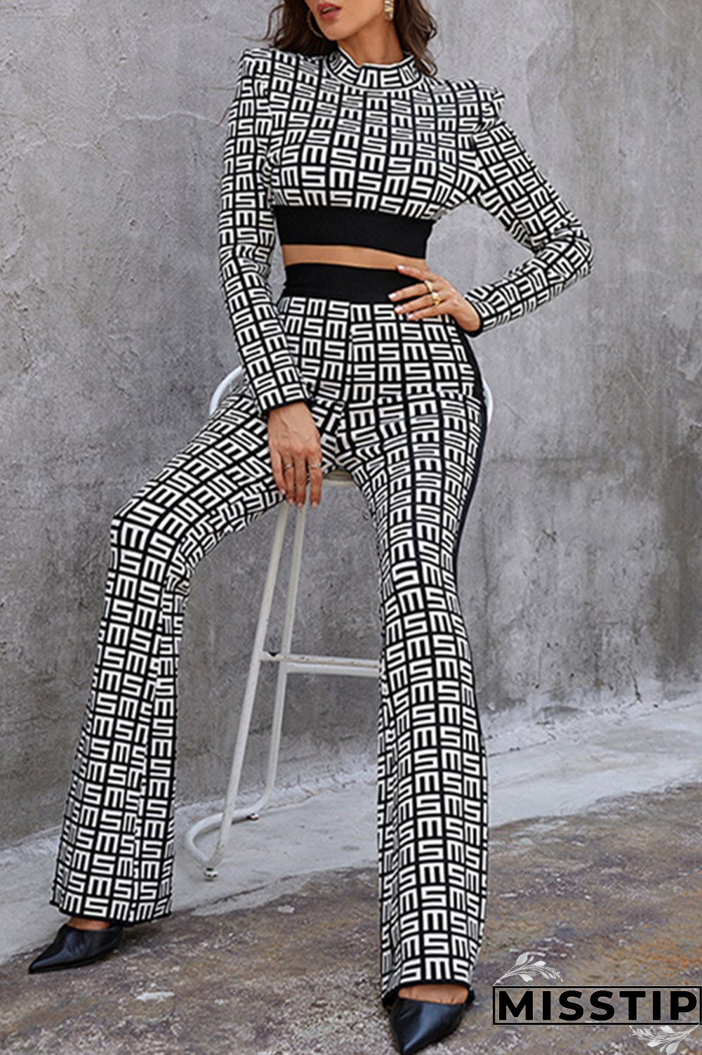 Black White Casual Print Patchwork Half A Turtleneck Long Sleeve Two Pieces