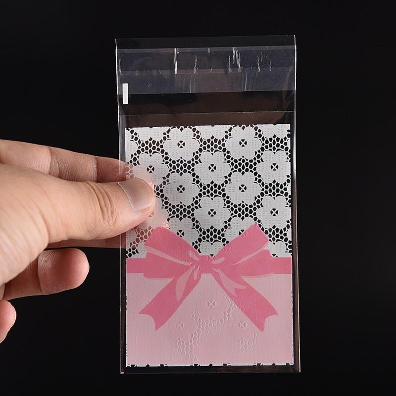 50PCS 7x10cm Flower Lace Bow Cookie&Candy Bag Self-Adhesive Plastic Bags For Biscuits Snack Baking Package Supplies
