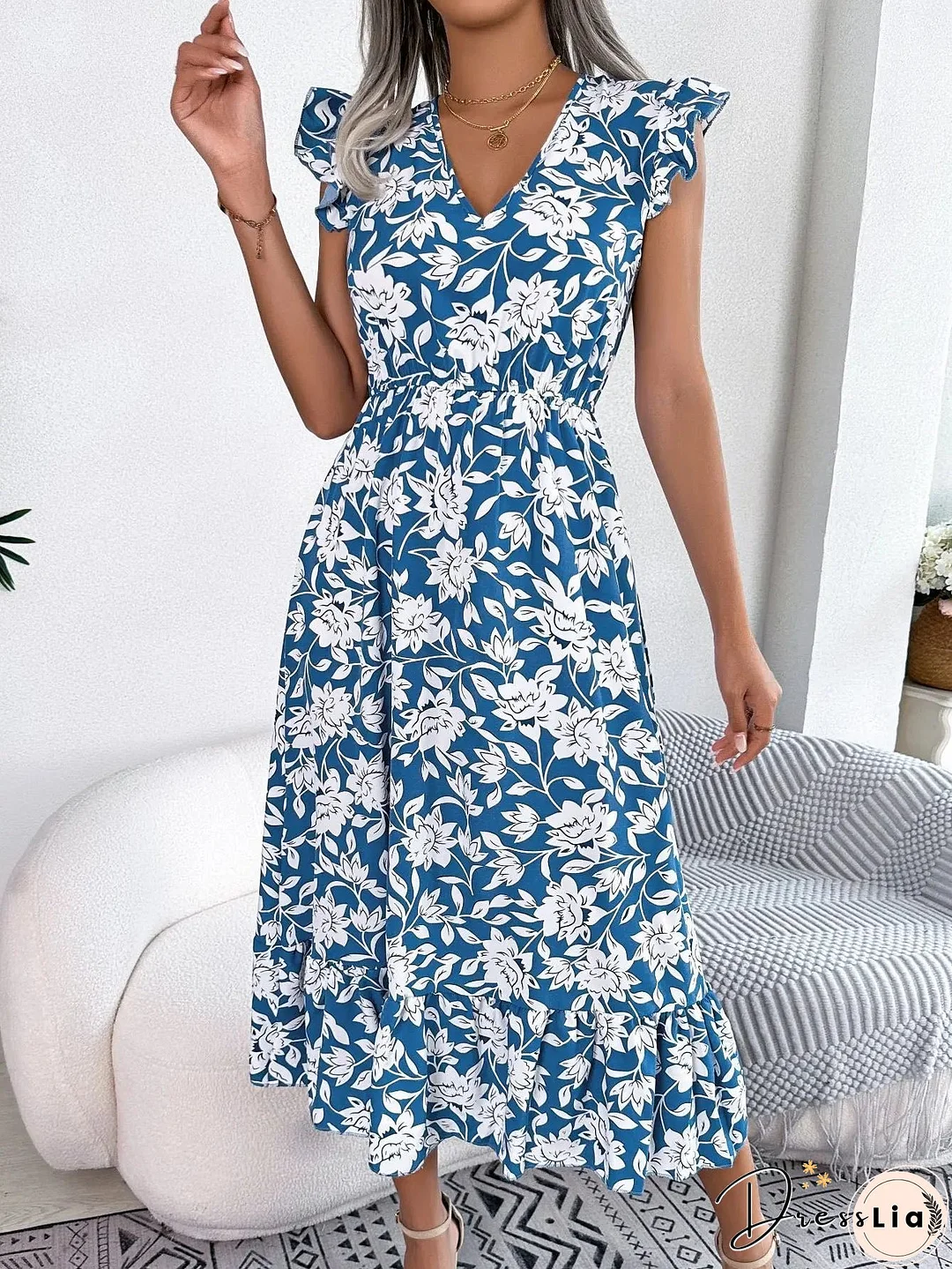Sleeveless V Neck Summer A Line Midi Dress Boho Dress