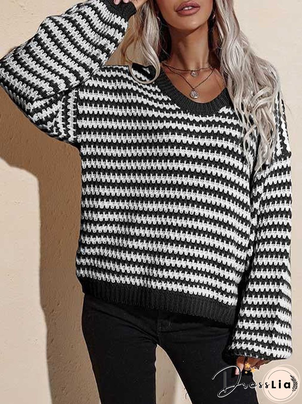 V Neck Loose Striped Sweater