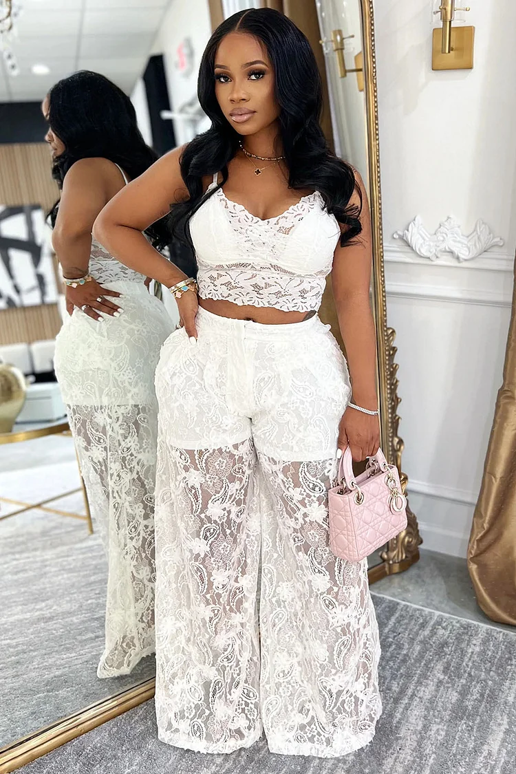 Cami Crop Top Guipure Lace Wide Leg Pants Party 2pcs Set-White [Pre Order]