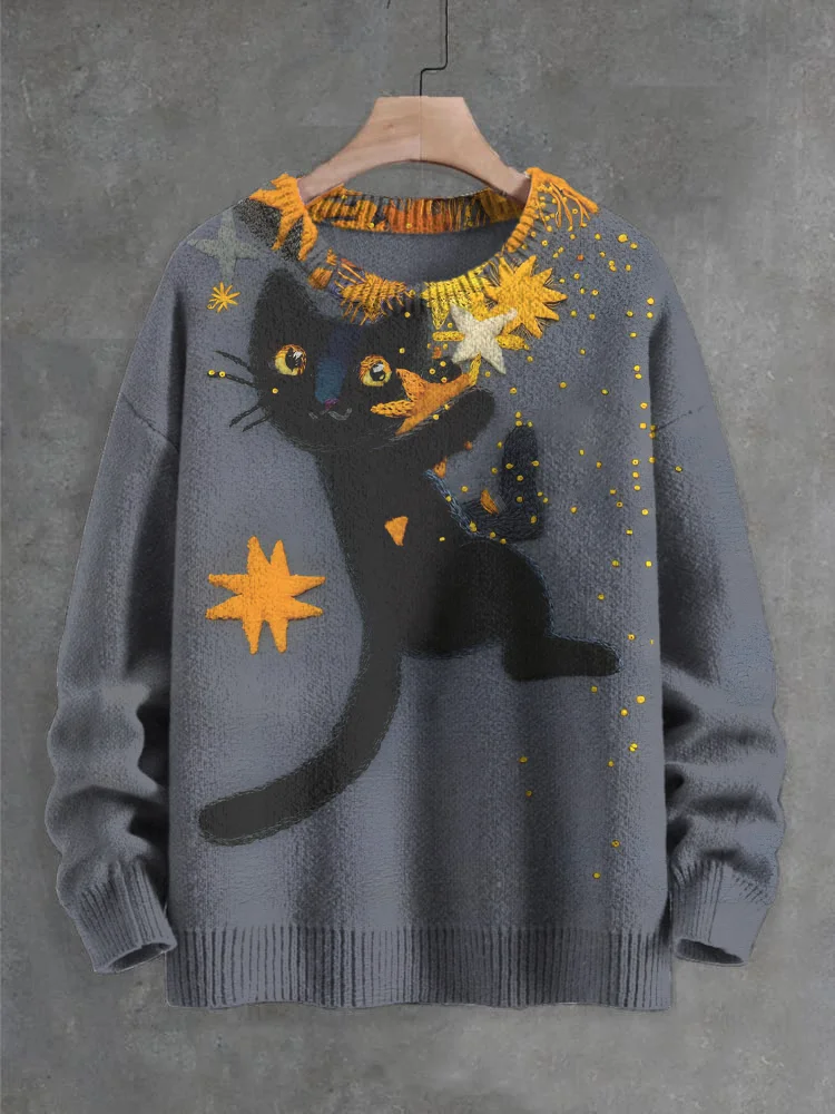 Men's Black Cat Felt Art Print Knit Sweatshirt