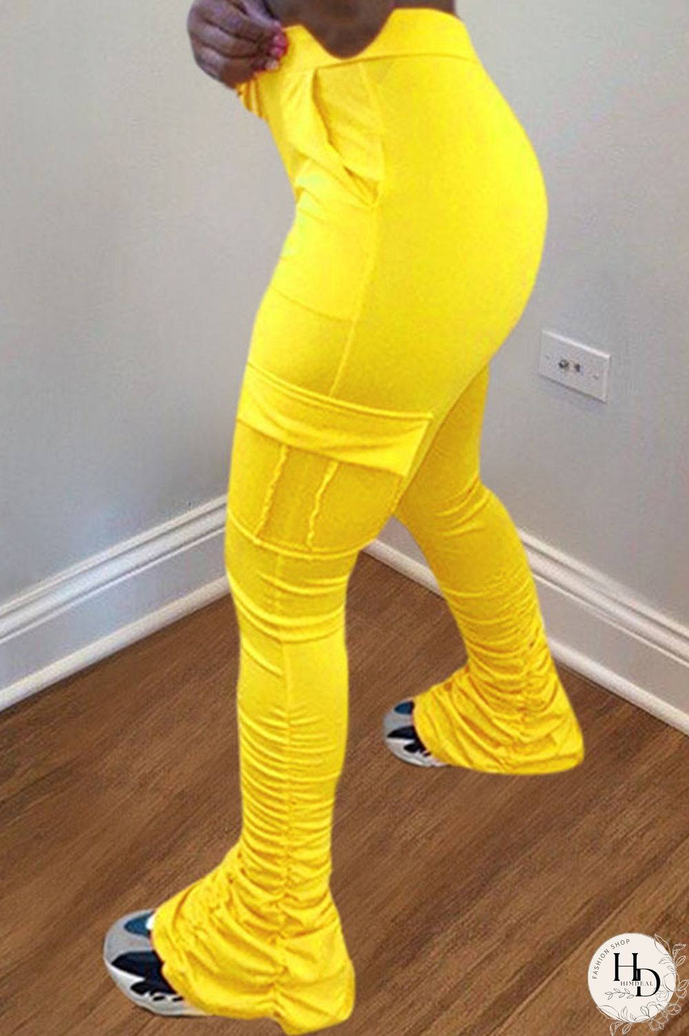 Yellow Drawstring High Solid Pocket Draped Boot Cut Pants Bottoms