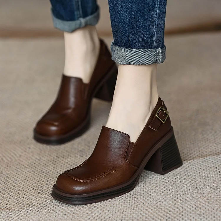 Yyvonne Women's 2025 Spring And Autumn Retro Large Belt Buckle Deep Thick-Sed Thick Heel Round Head Tight With High Heels